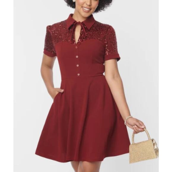 Unique Vintage Red Sequin Top Swing Retro Dress 1X 16 NWT - Picture 1 of 10